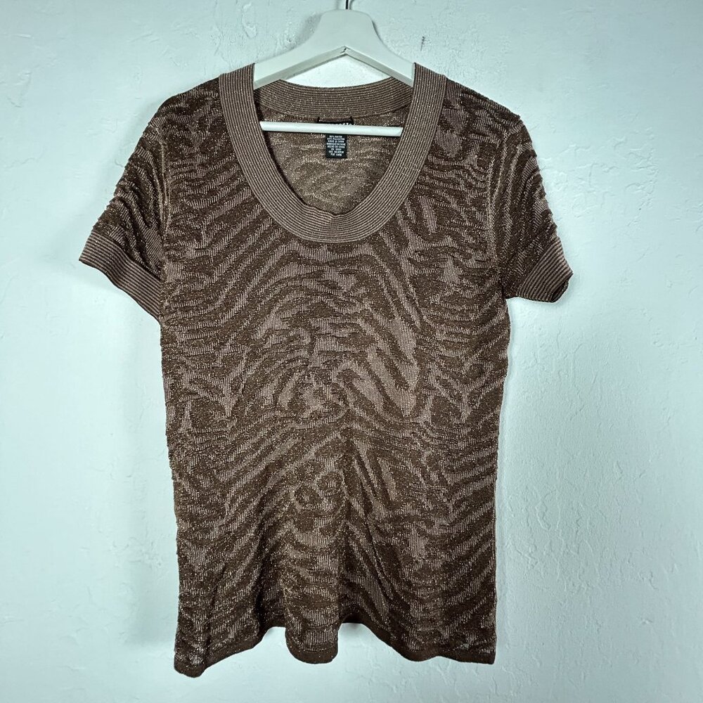 Doncaster Collection Women Metallic Zebra Pattern Short Sleeve Textured Knit Top